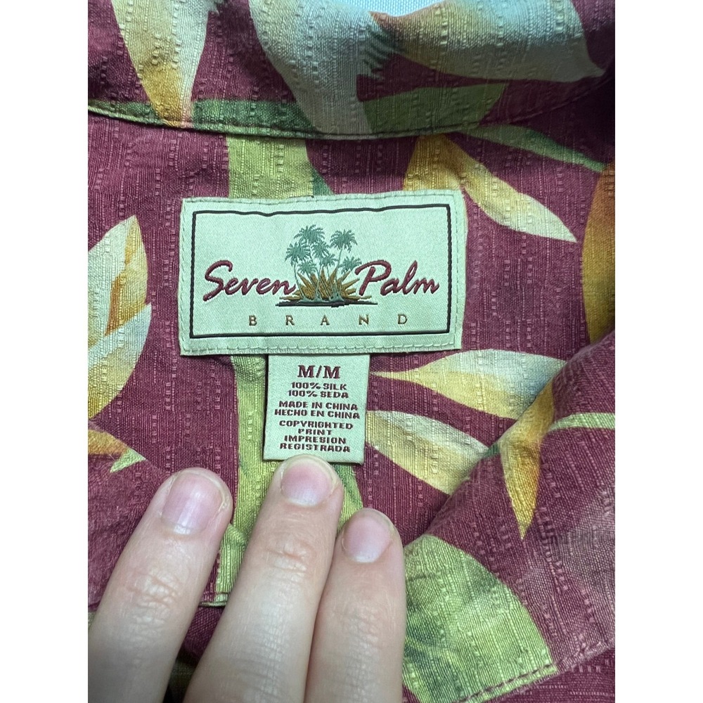 Vintage 100% SILK Mens Hawaiian Shirt Maroon Tropical Floral M Resort 90s - Picture 4 of 11